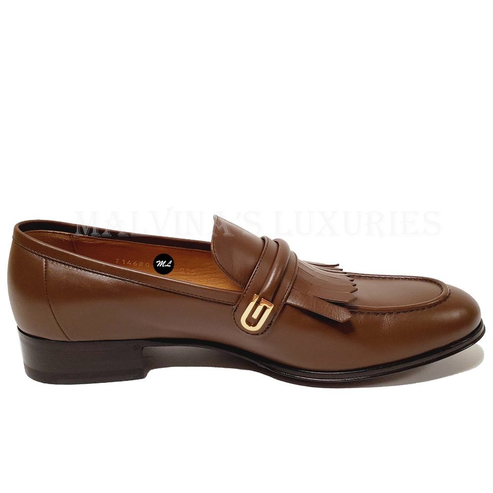 GUCCI SHOES MENS MIRRORED G FRINGED DETAIL BROWN LOAFERS sz US 10.5 - Picture 11 of 16